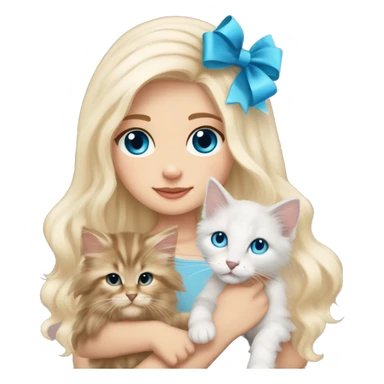 pale blonde girl with long platinum white wavy hair with bright blue eyes and wearing a light pink hair bow holding a beige long haired main coon kitten also wearing a hair bow sticker