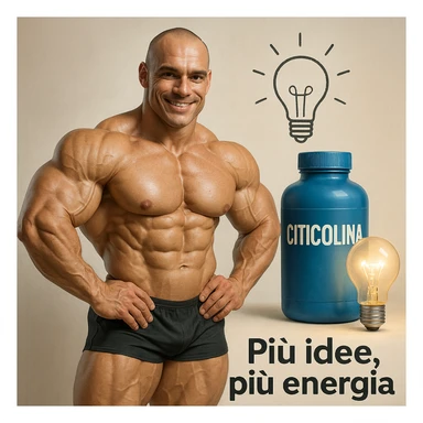 hyper realistic bodybuilder with Citicolina and lightbulb symbol, sculpted muscles, blue bottle, lit lightbulb next to it, text 'Più idee, più energia', creative atmosphere, light background sticker