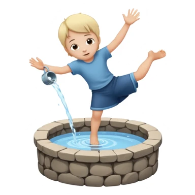 Create a clean emoji-style icon showing a small child falling into a round stone water well. The well must be clearly recognizable: circular stone rim, dark opening. Show the child mid-air, tilted downward above the well with simple motion lines. sticker