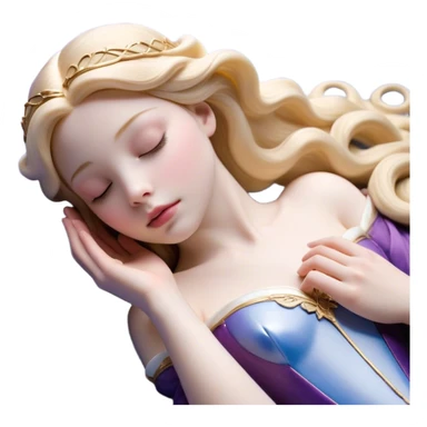 Cinematic Realistic Sleeping Beauty (Aurora) Portrait, with porcelain-like skin featuring a natural rosy flush, illuminated by soft lighting that highlights the gentle contours of her face. Her golden blonde hair flows in soft, detailed waves with subtle highlights that shimmer in the light. Her deep violet-blue eyes radiate warmth and innocence, framed by arched brows and long lashes. With a soft, serene smile, she holds a delicate rose gently in one hand, her other hand resting lightly by her side. She is dressed in her classic pink gown, the fabric rich in texture with delicate folds that catch the light. A golden crown rests atop her head, gleaming with royal refinement. The portrait captures a soft, glowing aura, blending realism with an ethereal sense of beauty and timeless enchantment. sticker
