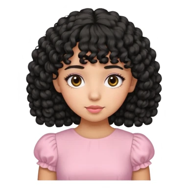 uma menina fofa de pele oliva e cabelos pretos encaracolados e com franja encaracolada e um vestido rosa pastel sticker