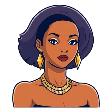 beautiful, curvy African American woman with dark brown skin, straight black hair, bold makeup, gold jewelry, diamonds, confident pose, inspired by Bratz doll sticker