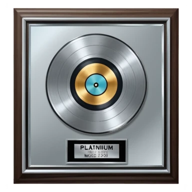 A platinum music award plaque: a square, polished platinum plate with a subtly textured, mirror-like finish, mounted on a simple dark wood base. The center features a relief of a or stylized vinyl record in a slightly darker metallic tone.  sticker
