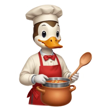 A duck wearing red apron stirring soup in a small pot, looking very focused. sticker