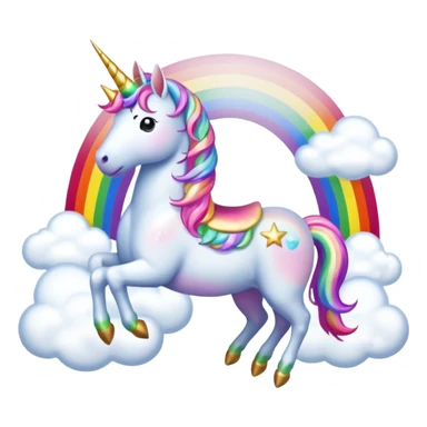 full rainbow with fluffy white clouds on the ends and sparkly with a unicorn riding on the rainbow  sticker