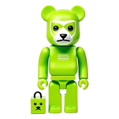 geometric bearbrick figurine with cube-shaped head, lime green balaclava with Supreme box logo on it, expressive eyebrows visible, toy design sticker