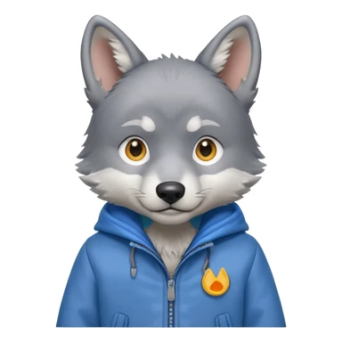Wolf pup with soft fur and alert ears, jacket, half body, standing sticker