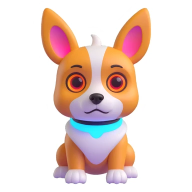 cute dog robot with pointy corgi-like ears, soft rounded body, glowy eyes and joints, friendly futuristic vibe, playful, slightly cartoonish, colorful with glowy accents, highly expressive face and posture, reaction sad sticker