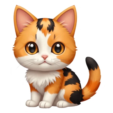 calico kitten playful pose, simple and cute, round face, big eyes, minimal details, orange black and white calico pattern sticker