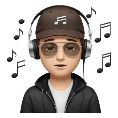 dj man white with baseball cap - rayban Sun Glasses 80s - brown hair - closed eyes with headphones on with musical note over head (listening to music ) - eyes closed no glasses - black hat  musical notes floating around head -  sticker