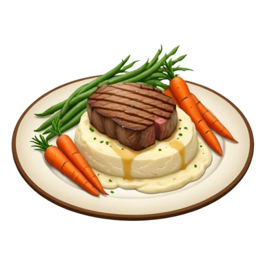Medium well Wagyu steak on a bed of creamy garlic mash potatoes couples with pan seared carrots and  green beans sticker