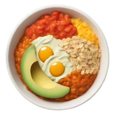 a bowl with orange rice and as topping tomate sauce, avocado creme, grinned cheese, oats, red and green sliced paprika sticker