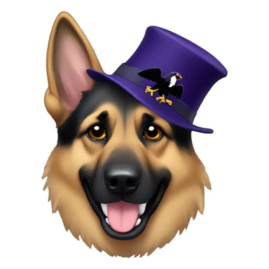 German shepherd wearing a ravens hat sticker