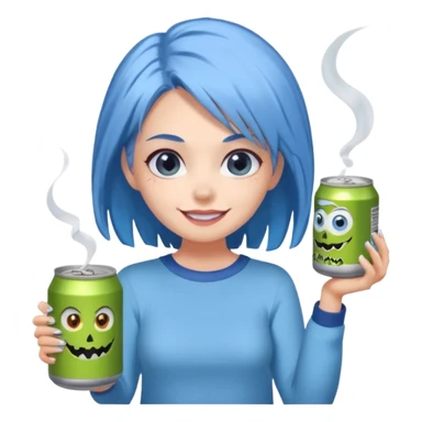 Chibi sticker of a woman with powder blue hair, lower back length, with white eyes hold a can of Monster with a smug smile; cozy cartoon style sticker