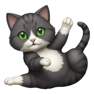 solid dark grey cat with green eyes, white toes/paws and white patch on her chest playfully rolling upside down sticker