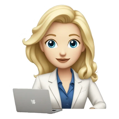 Woman with pale skin, blond hair, blue eyes and a blazer” work outfit sitting at table with Apple laptop sticker