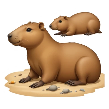 a capybara with a seal laying on a peaceful beach with other capybaras close by sticker