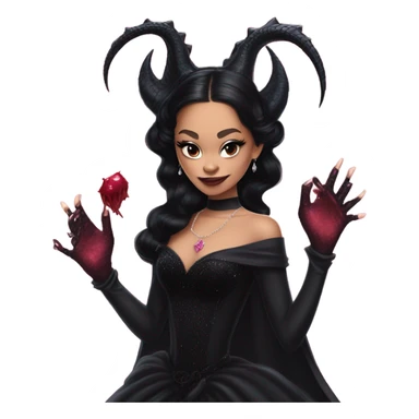 low cut black evening gown with see-through gloves, Jenna Ortega as Addams woman prom queen wearing a mini tiara, very large blood  pink evil-looking horned old dragon companion sticker