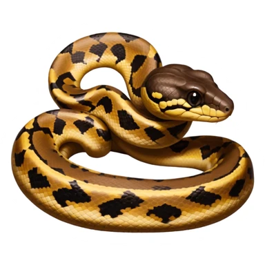 A photo-realistic digital illustration of a Ball Python, chest upward, with a short, rounded head, thick body, and a calm, curious expression. It has a warm brown base color with irregular dark blotches shaped like “alien heads,” and matte-textured scales that emphasize its small, stocky form. sticker