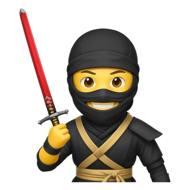 Make a customized yellow head emoji with hands and holding a sword in a ninja face mask sticker