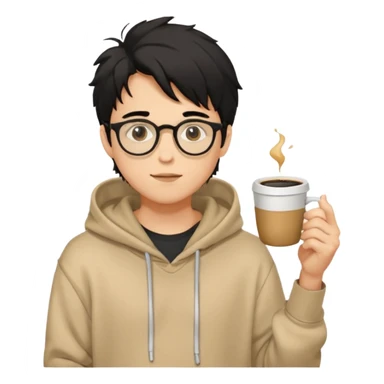 a light tan handsome boy with messy a black hair and spectacles. wearing a beige oversized and loose hoodie with a coffee in hand sticker
