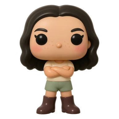 Funko Pop style vinyl figure, enhanced version: superior quality, smooth tanned skin, detailed dark hair, textured clothing with cream top and greige bottoms, dark greige leather boots clearly visible, arms crossed, rosy cheeks, very discreet freckles, mischievous and cheerful expression, no mouth, transparent background. sticker