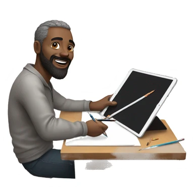A man, drawing on an iPad with a stylus. , using the iPad placed on a table. with art tools like brushes and pencils around him. 🎨 sticker