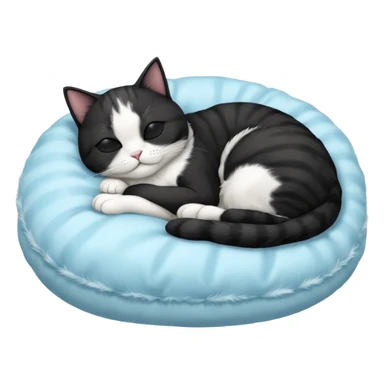 tuxedo short haired cat with his eyes closed sleeping in a lightblue pillow sticker