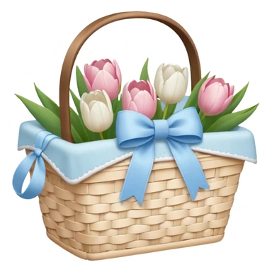 A white Picnic basket with pastel blue bow, white peonie, tulips sticker