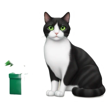 Tuxedo cat with green eyes sitting next to a tortoiseshell cat in front of a Christmas tree sticker