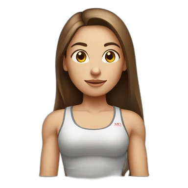 fitness girl with straight long brown hair, wearing white sticker