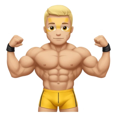 bodybuilder doble biceps possing; complete body; yellow skin; no wrist bands; wearing a speedo sticker