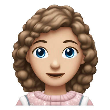 Girl with blue eyes and brown hair in a light, pink, snowy ￼ Christmas outfit sticker