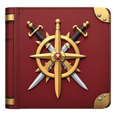 A dark crimson red book with black and gold details, a rugged leather texture, and an emblem of crossed swords, a knight chess piece, or a battle flag, radiating strategy, discipline, and the art of power sticker