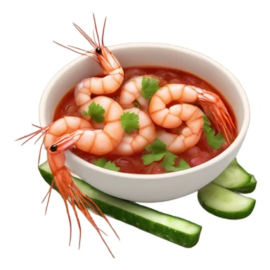Shrimps in cup with red sauce cucumber onions cilantro  sticker