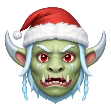 Fantasy orc emoji portrait, Santa Claus hat stretched around tusks, tusks covered with ice and crimson frost cracks, cold predator expression, winter hunt atmosphere, minimal clean emoji design, female variant
 sticker