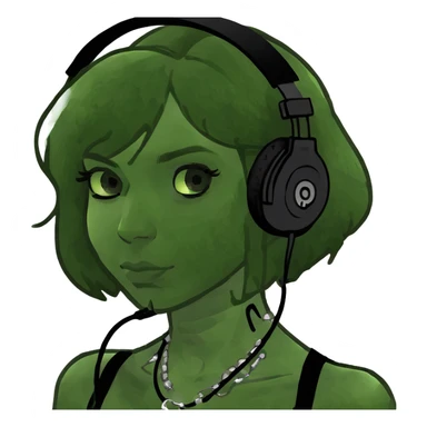 cool white girl with medium length shaggy brown hair with all black headphones and cool jewelry and a nose piercing  sticker