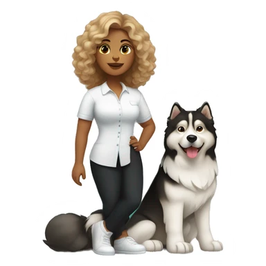 She is wearing black trousers and a white shirt. She is a cute, curvy woman with brown and blond highlight curls at shoulder length.    next to her is an Alaskan malamute dog. the dog is black with a white spot on his face  sticker