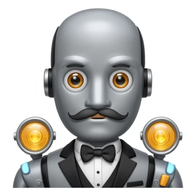 Gray Robot with a cylindrical head, thick handlebar moustache, headlight eyes, wearing a tuxedo, buff sticker