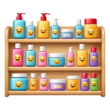 emoji of front view beauty product shelf with last item with brand label sticker