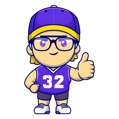 Man with black and white cap, purple sports jersey with number 32, clear glasses, light blond mullet hairstyle, thumbs up gesture, relaxed expression sticker