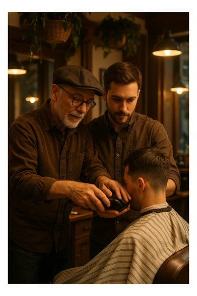 Inside a cozy barbershop with soft lighting, an experienced barber gently teaches his apprentice, guiding his hands as they cut hair together. The room is filled with warmth, plants hanging from the ceiling, and the hum of clippers sticker