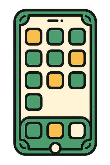 iPhone facing forward with visible app icons, classic look, green gold and white color scheme, elegant lines, decorative details sticker