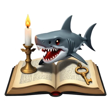 Icon for Horror & Mystery Reading: an open book with eerie glowing symbols, from which rise Dracula with fangs, flying bats, a zombie hand, and a lurking shark with sharp teeth. Surrounding elements include a flickering candle and an old key. Transparent background. sticker