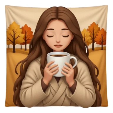 long brown hair woman closed eyes hiding under a cozy wool beige blanket, holding cup of coffee, autumn mood sticker