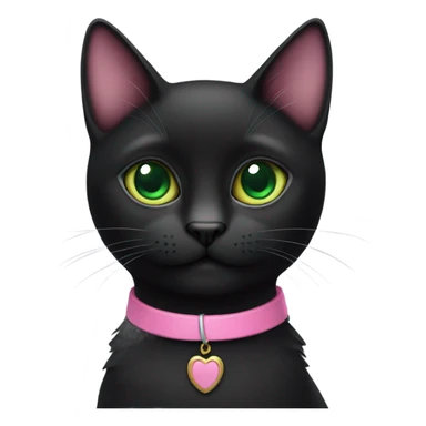 small black cat with big green eyes and pink collar sticker