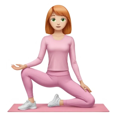 chin length ginger hair woman with bangs, green eyes, wearing long sleeve light pink yoga top, long flare light pink yoga pants, white sneakers, in gym sticker