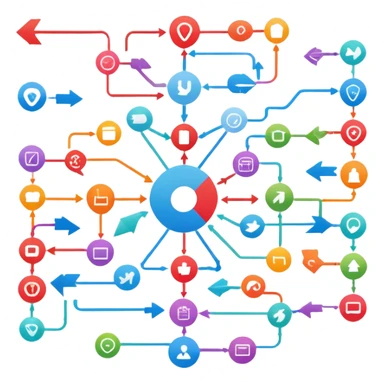 colorful flowchart diagram with many arrows connecting icons sticker