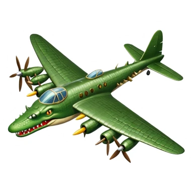 WWII bomber plane with a crocodile's head as the nose mouth wide open sharp teeth metallic textures wings and propellers emoji style satirical surreal sticker