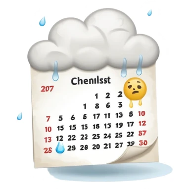 Minimalist emoji of a tilted, crumpled calendar page with faint, incomplete checklist marks, a small rain cloud dripping above it, and a dim, muted colour palette to symbolise a productivity slump and lost discipline. Flat vector style, soft shadows, transparent background sticker